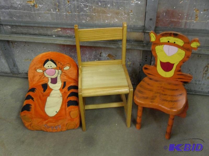 lot 150 image: 2 Wood Kids Chairs and Foam Tigger Chair....