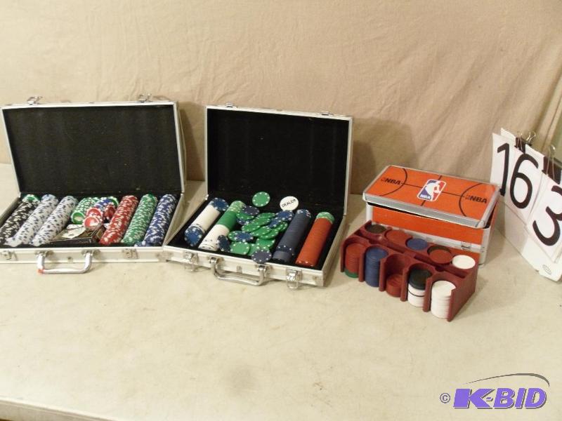 lot 163 image: 3 sets of poker chips. 2 are cheaper 6 gram s...
