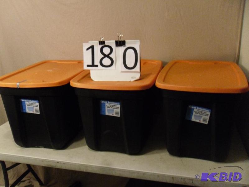 lot 180 image: Lot of 3 Matching 20 Gallon Totes with Lids....