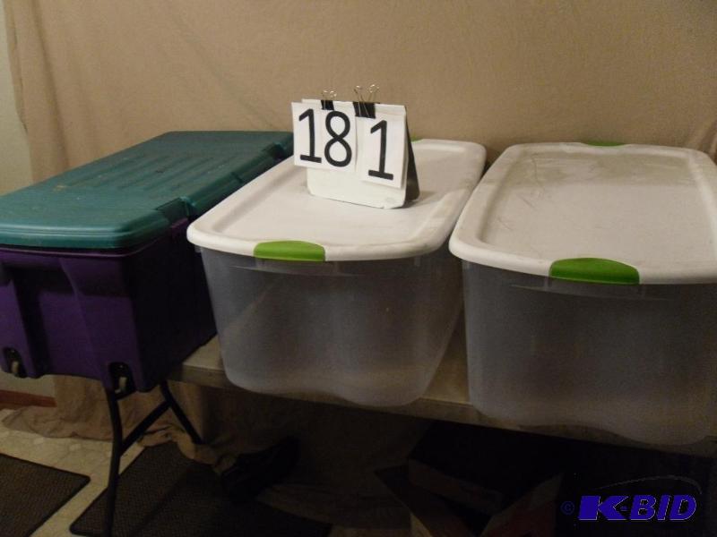 lot 181 image: Lot of 3 Assorted Totes with Lids. Purple tot...