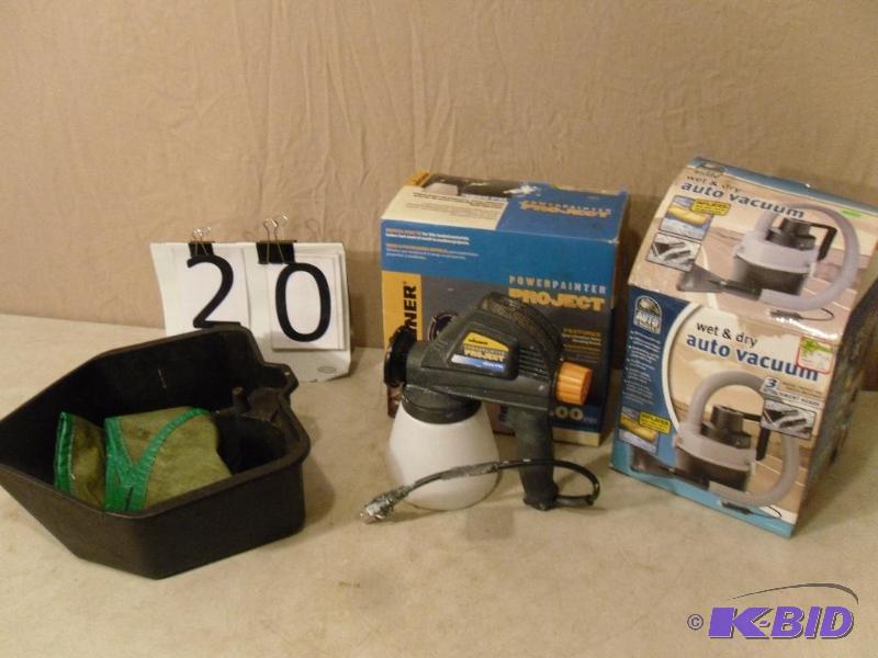 lot 20 image: 12 Volt WetDry Auto Vac, Wagber PowerPainter...