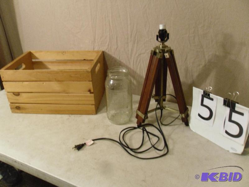 lot 55 image: Folding Tri Pod Lamp, Wood Crate, and Large V...