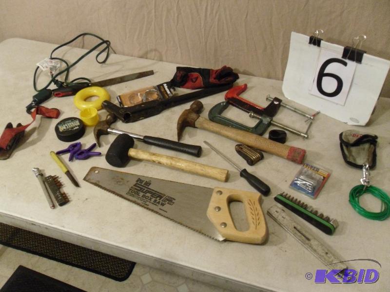 lot 6 image: Lot of Assorted Tools. Saw, Hammers, C Clamps...