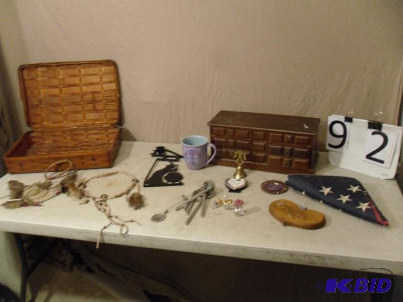 lot 92 image: American Flag, Jewelry Box, Wolves Windchime,...