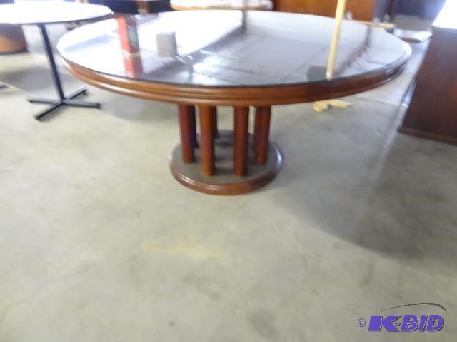 round wood table with glass top cover. 60&quo...