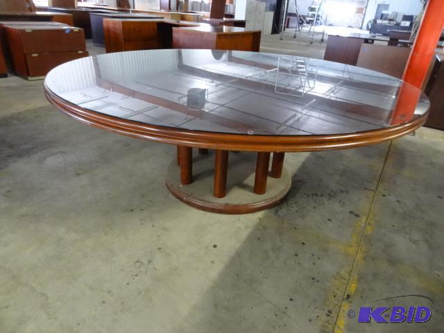Round wood table with glass top cover. 74&quo...