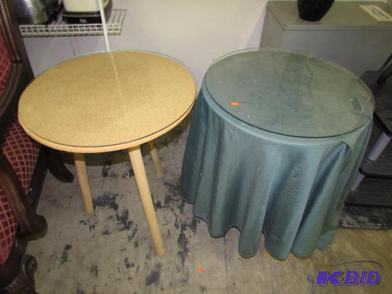 two wooden side tables, one has glass top and...