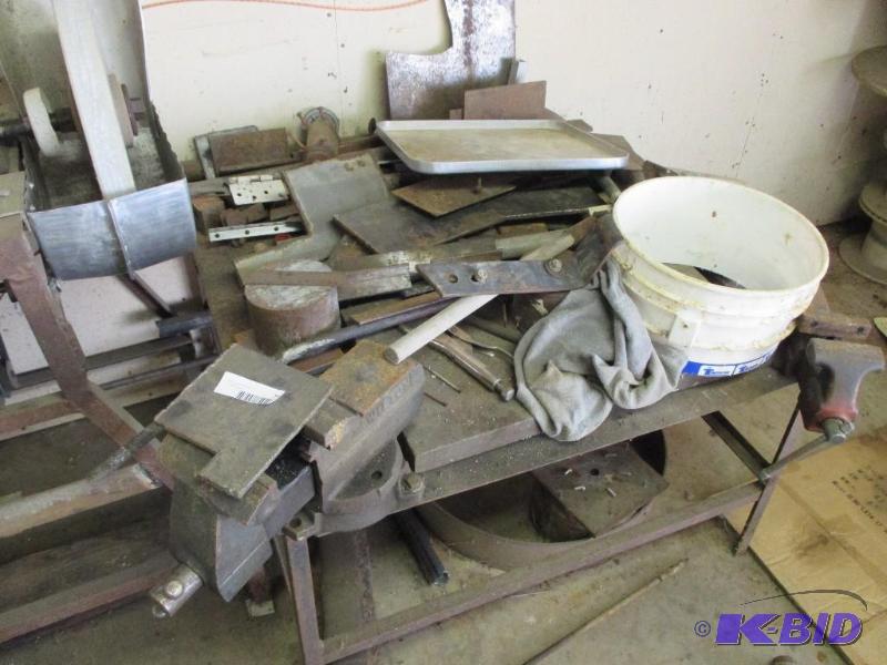 welding table and misc scrap, 2 smaller vises...