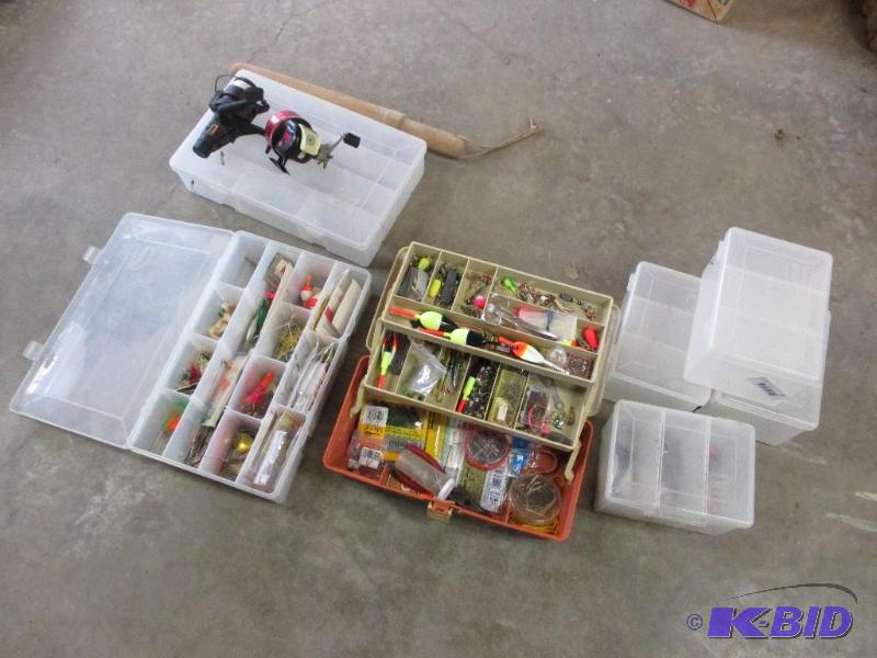 fishing tackle boxes, some with tackle...
