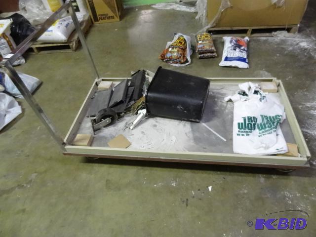 lot 227 image: 60 x 30 2 wheel cart. Comes with a bin of mis...