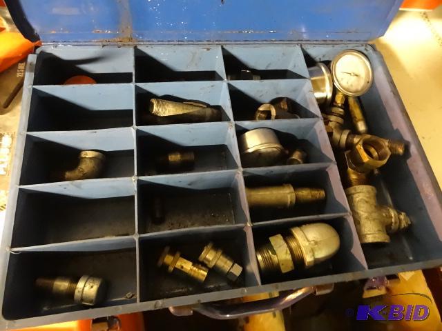 lot 338 image: Metal hardware bin with pipe fittings...