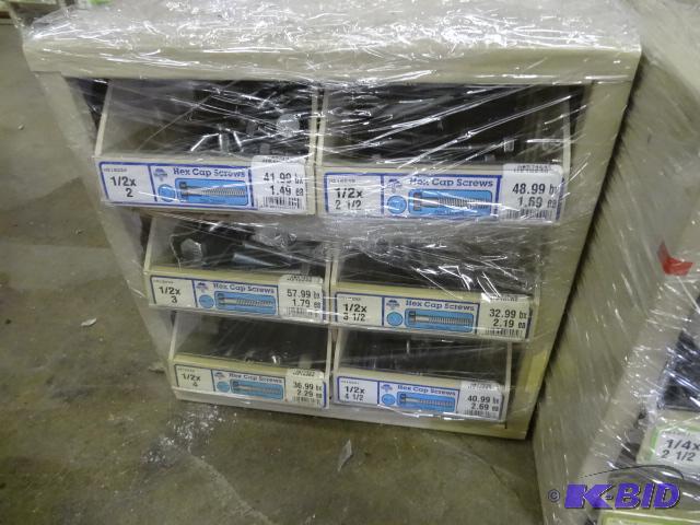 lot 38 image: Hardware bin with 12 bolts...