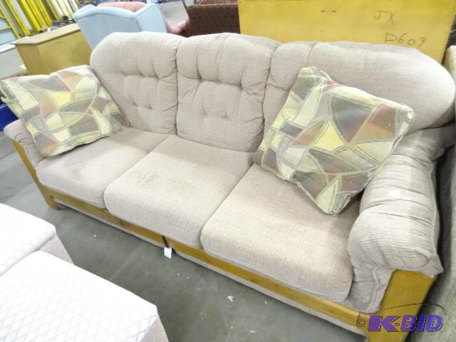 lot 98 image: Full sized wood framed sofa couch. Good shape...