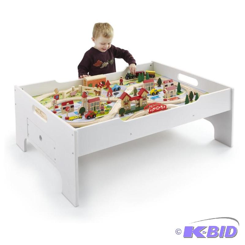 lot 25 image: 80 Pc Deluxe Wooden Train Set and Table, trac...