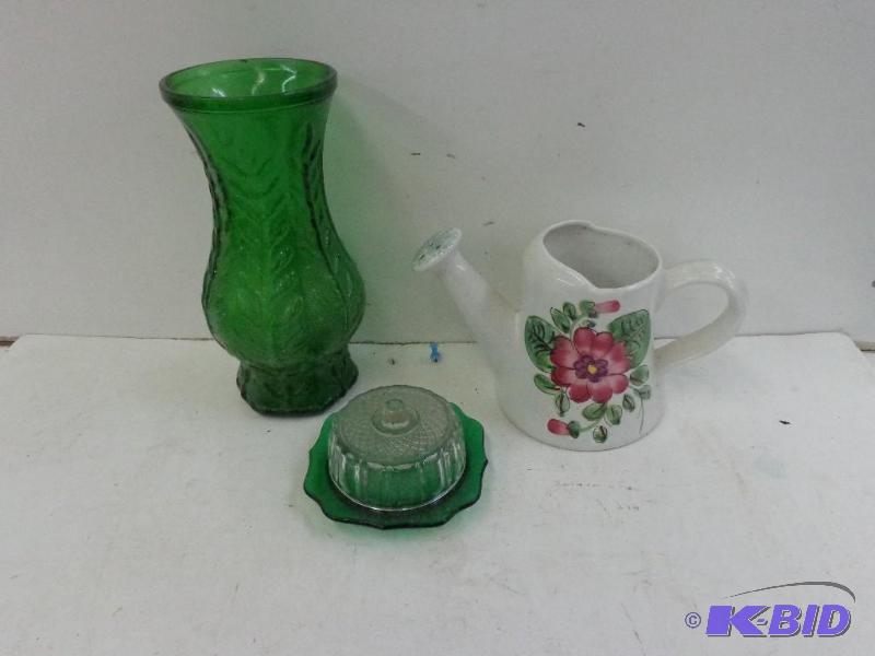 lot 108 image: Vase, Plant Waterer, and Green Glass Dish Vas...