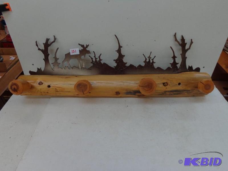 lot 151 image: Log Coat Hanger With Metal Moose and Tree Dec...