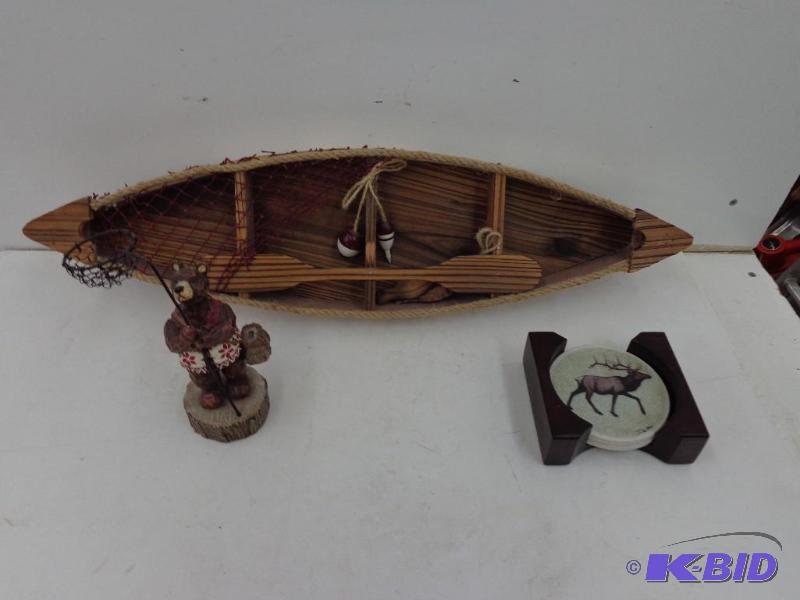 lot 44 image: Canoe Wall Decor, Moose Coasters (2) and Tabl...