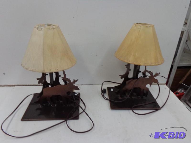 lot 47 image: Pair of Metal Moose & Tree Lamps 9" ...