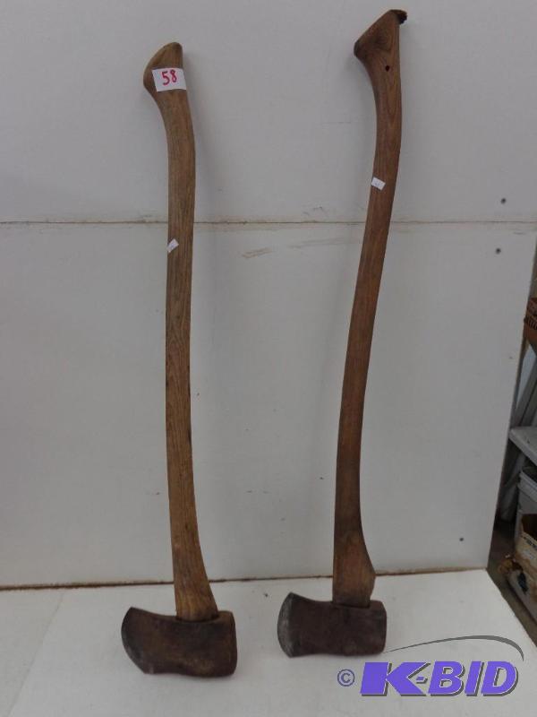 lot 58 image: Pair of Axes with Wooden Handles 1) M.W. Co H...