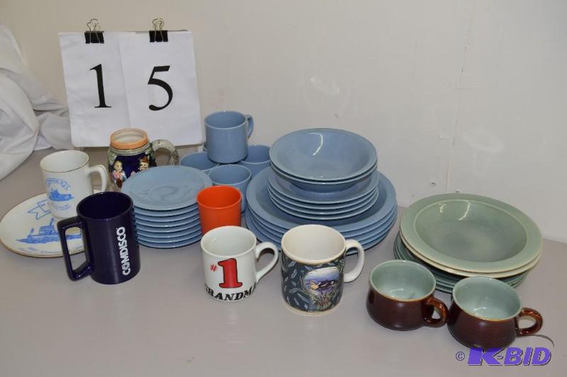 Blue stoneware dishes, green dishes, misc mugs