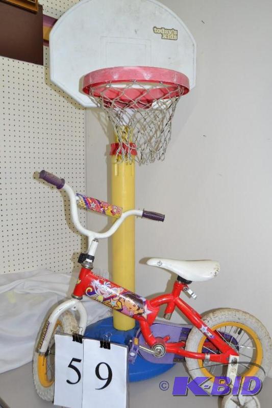 Childs bicycle and basketball hoop