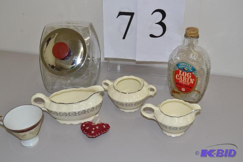 Log Cabin syrup, cookie jar, gravy boat, creamer, sugar,