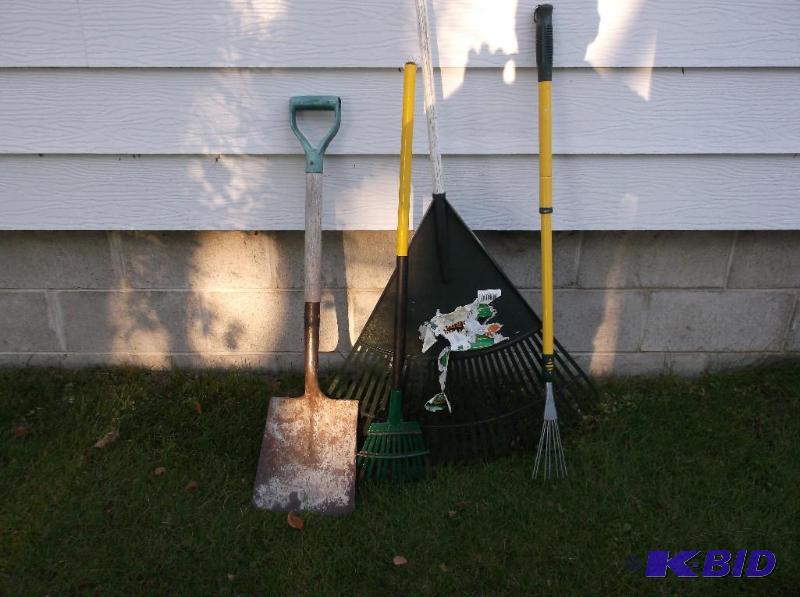 lot 27 image: Lot with square nose shovel & 3 rakes all...