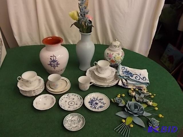 Box Lot - Blue Floral China, Linens, Misc Dis...