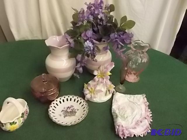 Box Lot - Purple Glassware, Dishes, Flowers, ...