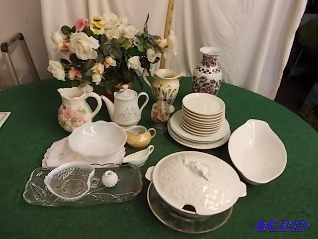 Box Lot - Assorted Dishes, Hobnail Milk Glass...