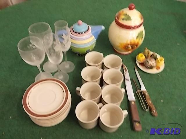 Box Lot - Goblets, Tea Pot, Mugs, Knives, Can...