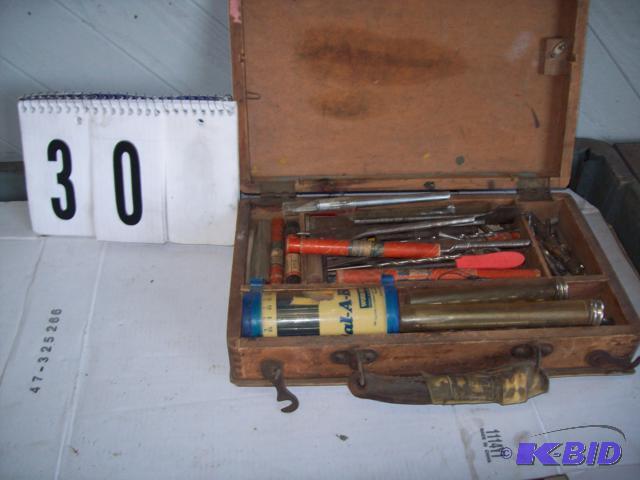 Vintage Wood Box with Many Drill Bits And Tap...