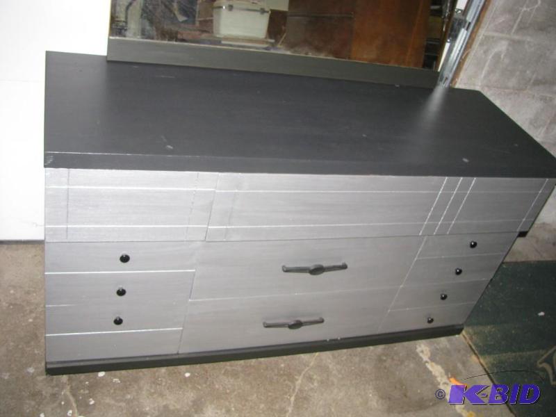 lot 1 image: vintage black dresser with 6 silver drawers a...