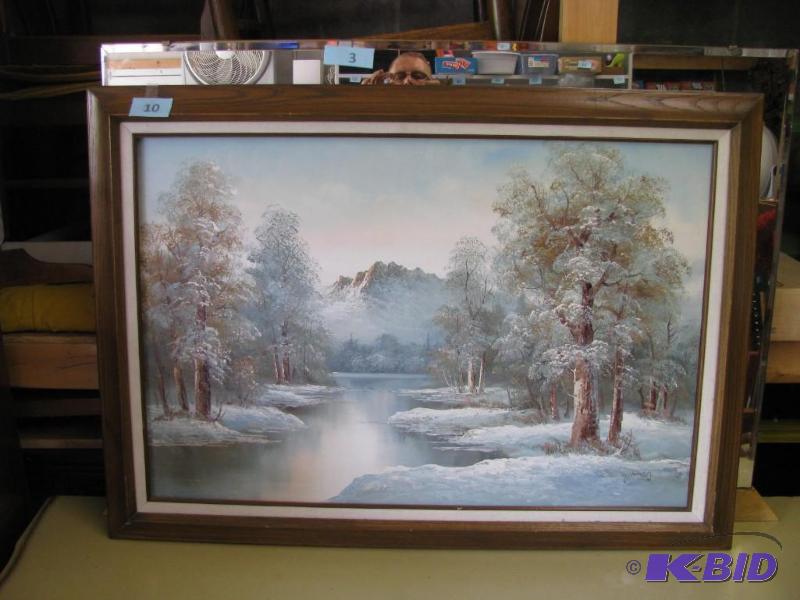 lot 10 image: nicely framed winter mountain stream oil pain...