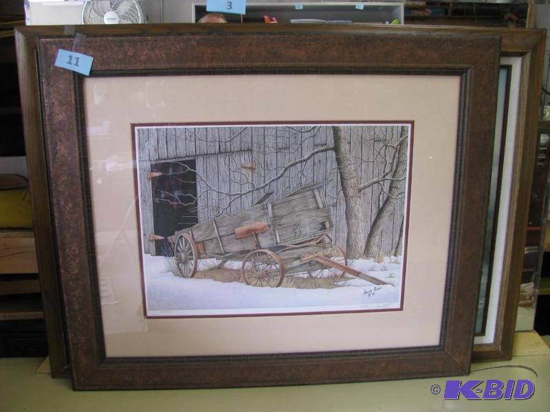lot 11 image: Winter barn and wagon print by Howie Stiff 19...