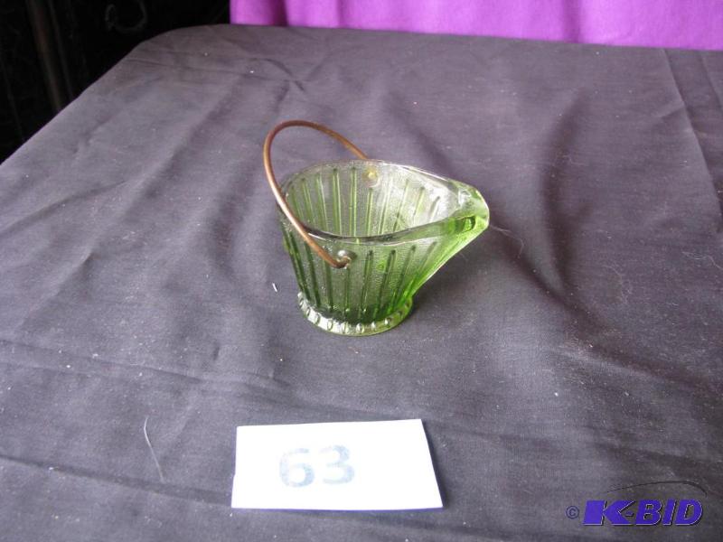 lot 63 image: mini Fenton green depression glass coal pail...