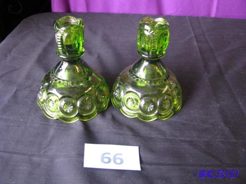 lot 66 image: set of two green depression glass candlestick...