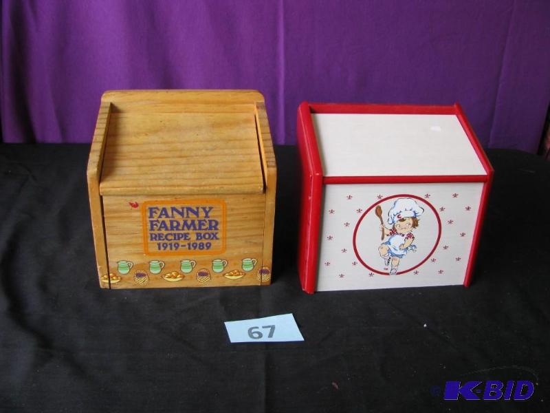lot 67 image: Two wooden recipe boxes Fanny Farmer and Camp...