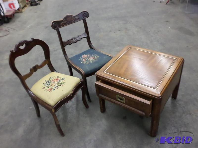 lot 19 image: (2) Antique Chairs & (1) Wood Side Table...