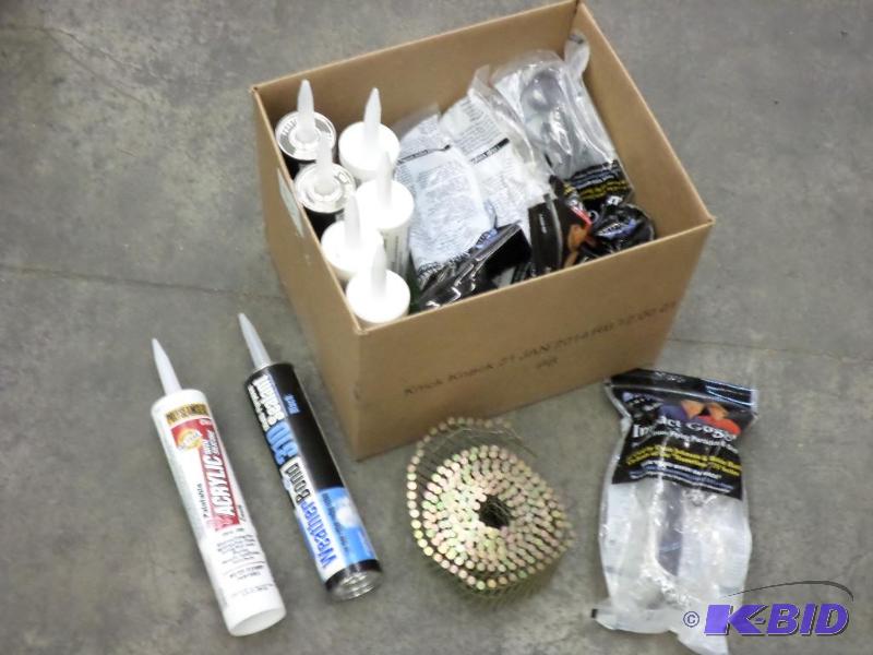 lot 53 image: Box Of Misc Caulk & Silicone, Coil Nails...