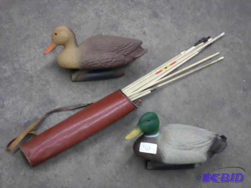 lot 90 image: (2) Duck Decoys & (1) Set Of Vintage Arro...