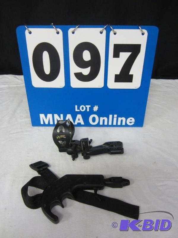 lot 00097 image: Bow Hunting Lot with Sight and Release Caliper Bone Collector Apex