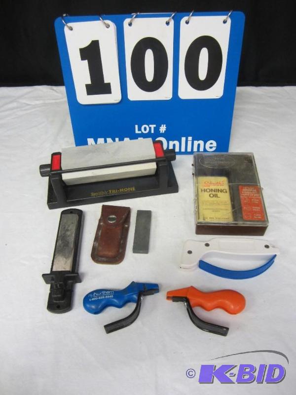 lot 100 image: Lot of Knife Sharpening Stones Oils Hunting Sharpeners