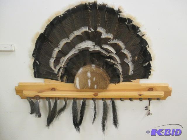 lot 44 image: Turkey Feather Fan with Beard Board Spurs Deer