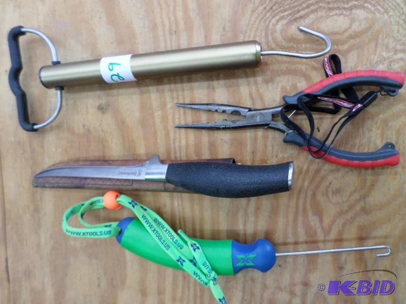 lot 29 image: Lot Of Fillet Knife, 50# Scale, Pliers, Hook...