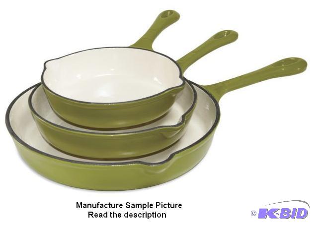 lot 186 image: Three Piece Enameled Cast Iron Skillet Set - ...