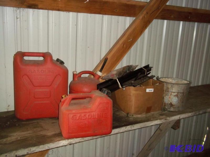 3 Gas cans, garage opener parts, bucket of tw...