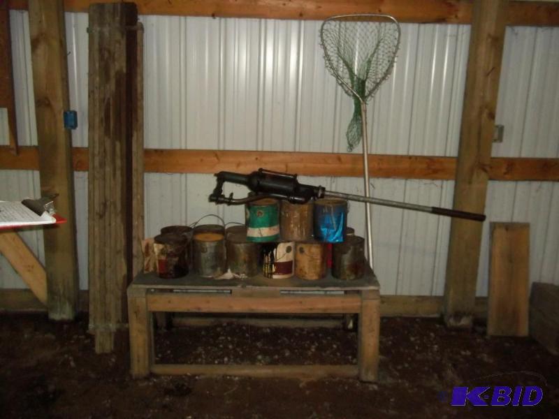 Misc Paint, Antique barrel pump, fish net, wo...