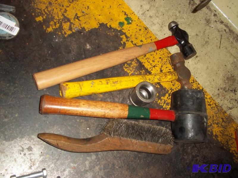 2 Ball peen hammers and rubber mallet and bru...