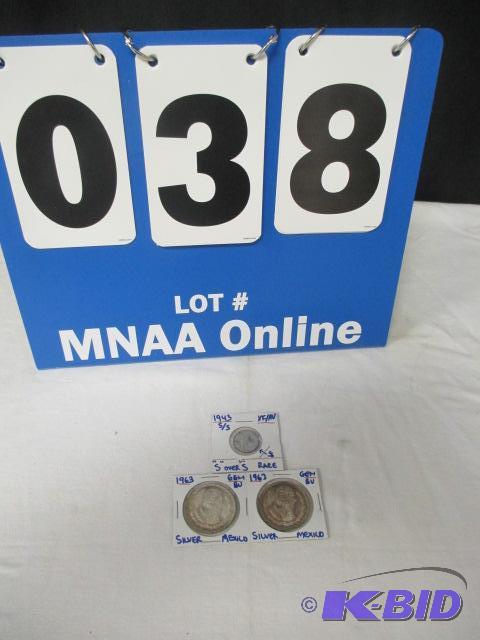 lot 00038 image: 1943 ss Lincoln Cent-(2) 1963 Gem BU Silver Mexico